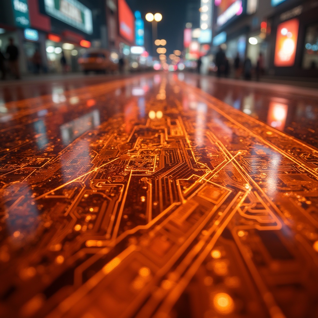 Prompt: Futuristic high-tech fabric, vibrant orange color, metallic sheen, intricate circuit patterns, glossy texture, reflective surface, futuristic cityscape background, neon lights, skyscrapers, holographic advertisements, busy streets, close-up shot, 3/4 composition, soft focus, warm lighting, ambient occlusion.