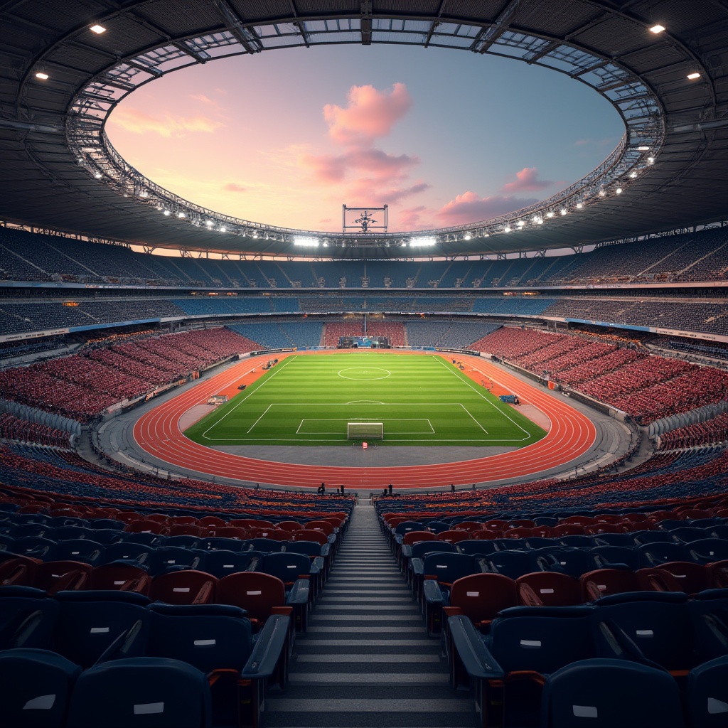 Prompt: Modern stadium, evening scene, warm lighting, fabric seats, cushioned chairs, textile patterns, vibrant colors, geometric shapes, retractable roof, athletic track, football field, goalposts, scoreboards, audience stands, tiered seating, acoustic panels, sound-absorbing materials, metallic structures, sleek lines, minimalist architecture, urban landscape, cityscape background, aerial view, panoramic composition, soft focus effect.