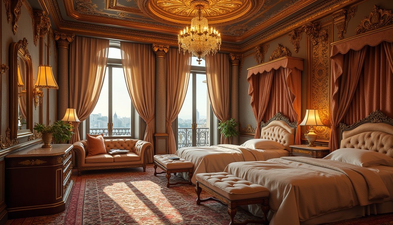 Prompt: Byzantine style dorm, luxurious ambiance, ornate golden patterns, intricate mosaics, richly textured carpets, plush velvet couches, majestic four-poster beds, intricately carved wooden desks, lavish crystal chandeliers, warm softbox lighting, cozy reading nooks, floor-to-ceiling windows with grand city views, spacious walk-in closets, elegant marble countertops, ornate metalwork door handles, serene atmosphere, 3/4 composition, warm color palette.