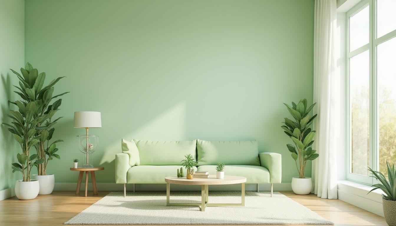 Prompt: Light green themed interior, modern minimalist living room, pastel green walls, matching light green sofa, glass coffee table, white floor lamp, potted plants with variegated leaves, natural wood flooring, large window with white curtains, soft diffused sunlight, 3/4 composition, warm ambient lighting, cozy atmosphere.