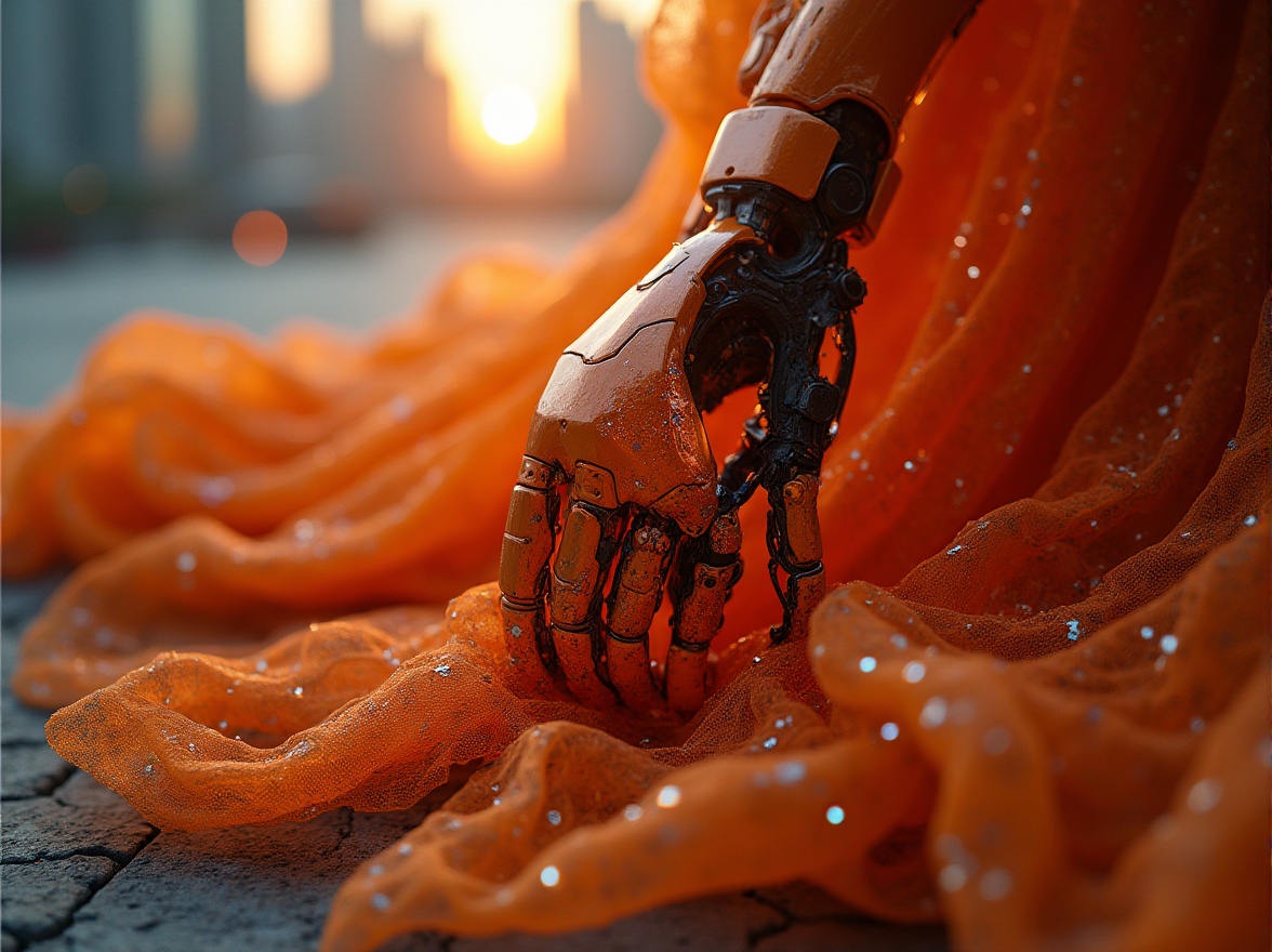 Prompt: High-tech futuristic fabric, vibrant orange hue, metallic sheen, intricate circuit patterns, shimmering threads, neon-lit accents, abstract geometric shapes, iridescent texture, sci-fi inspired, robotic limbs, advanced machinery, sleek lines, urban cityscape, skyscraper background, dramatic lighting, 3/4 composition, HDR, cinematic atmosphere.