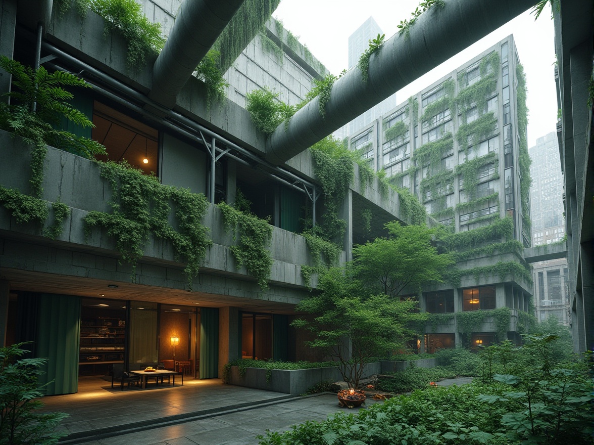 Prompt: Brutalist architecture, green accent walls, concrete structure, industrial pipes, steel beams, minimal decor, urban jungle, cityscape background, modern skyscraper, glass windows, vertical garden, lush greenery, natural light, 3/4 composition, low-angle shot, cinematic mood, overcast sky, dramatic shadows, bold geometric shapes.