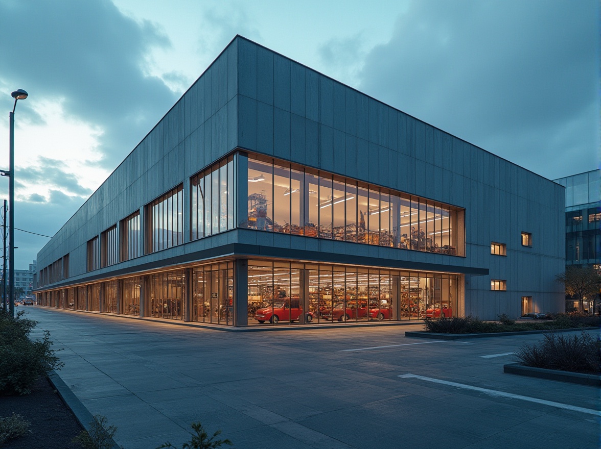 Prompt: Modern distribution center, International Style architecture, grandiose scale, minimalist façade, rectangular volumes, clean lines, large glass windows, steel frames, functional layout, loading docks, cargo elevators, concrete floors, metal roofs, industrial lighting, urban surroundings, cityscape, busy streets, 3/4 composition, low-angle shot, dramatic lighting, high contrast, cinematic mood.