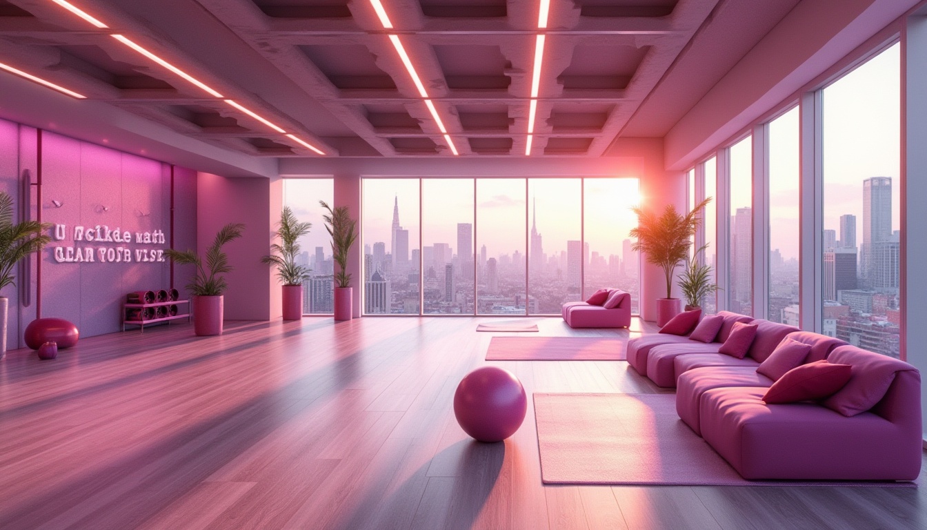 Prompt: Modern fitness club interior, pastel orchid color scheme, soft ambient lighting, minimalist decor, sleek equipment, metallic accents, polished wood flooring, abstract art pieces, motivational quotes on walls, energetic atmosphere, dynamic composition, 3/4 view, shallow depth of field, vibrant orchid hue highlighting workout areas, orchid-colored mats, resistance bands, and fitness balls, luxurious lounge area with orchid-upholstered sofas, orchid-infused branding, futuristic architecture, urban cityscape outside windows, morning sunlight peeking through blinds, warm and inviting ambiance.