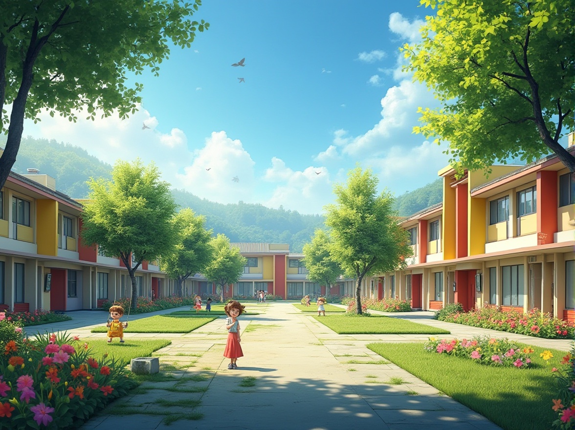 Prompt: Residential area, community school, sunny day, clear blue sky, few white clouds, greenery surroundings, vibrant flowers blooming, lush trees providing shade, modern architecture buildings, colorful walls, large windows, outdoor playground, swings, slides, kids playing, laughing, joyful atmosphere, warm lighting, soft shadows, 3/4 composition, natural textures, vibrant colors.