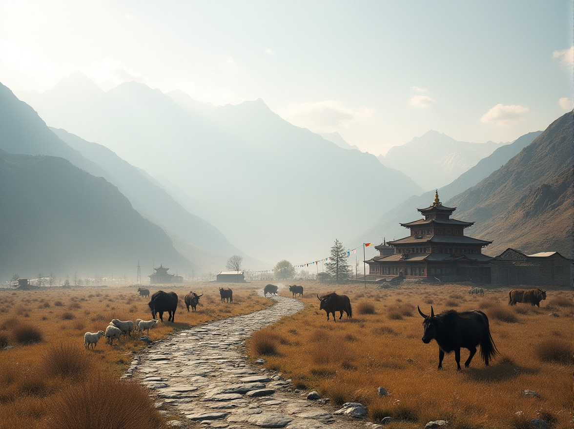 Prompt: Plateau region, mountainous landscape, vast grassland, few trees, distant snow-capped peaks, serene atmosphere, gentle breeze, traditional Tibetan village, prayer flags, Buddhist temple, nomadic tribe, yak, sheep, horse, rustic wooden house, stone paved road, misty morning, soft sunlight, warm color tone, cinematic composition, depth of field, realistic rendering.