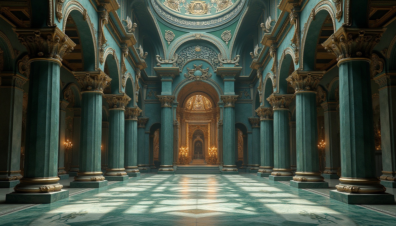 Prompt: Monument design, grand architecture, majestic structure, intricate carvings, ornate details, malachite green, copper accents, gold trimmings, ancient civilization inspiration, mysterious ambiance, dramatic lighting, high ceilings, symmetrical composition, majestic entrance, stone pillars, marble floors, intricate mosaics, luxurious materials, regal atmosphere.