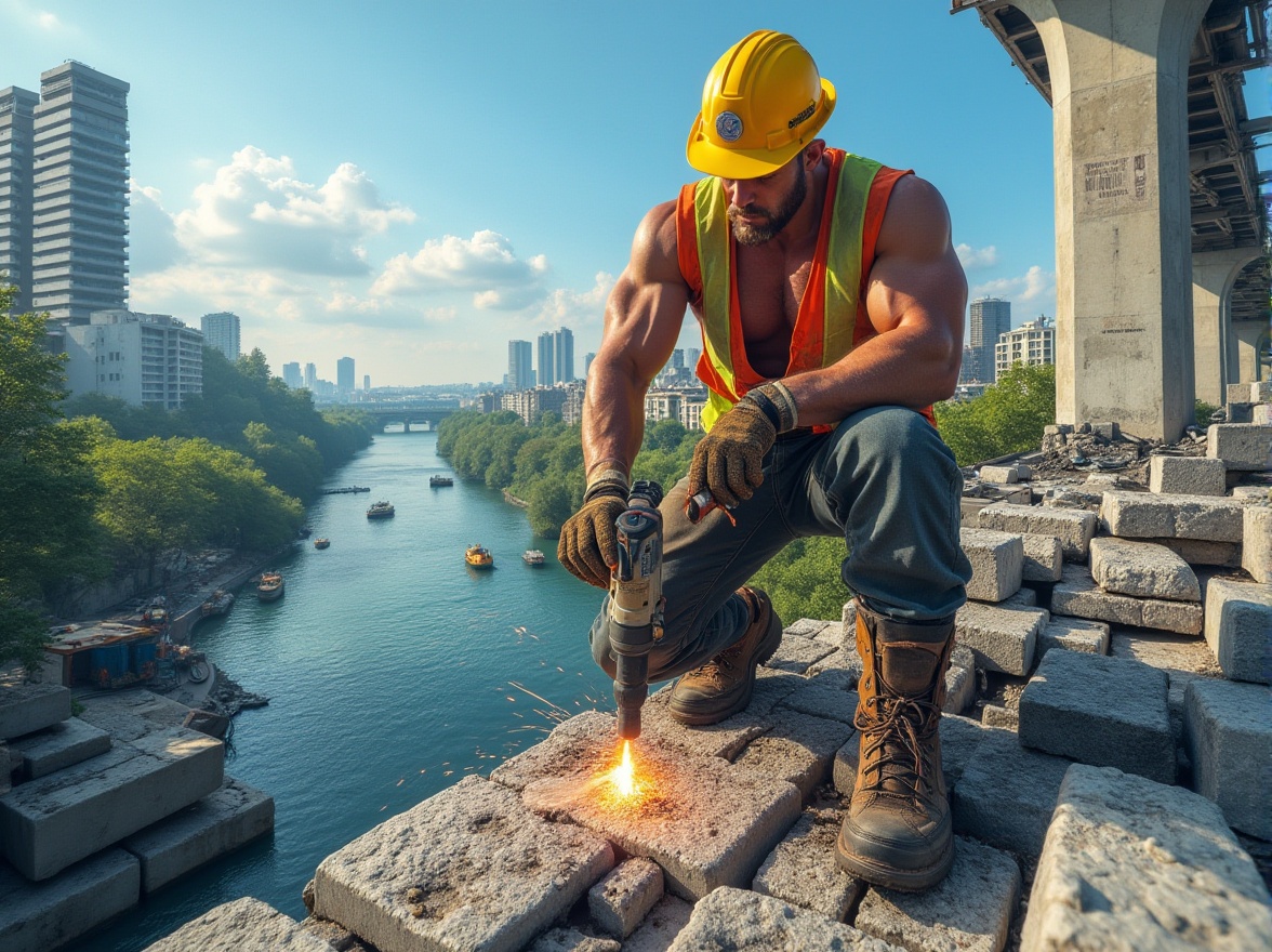 Prompt: Granite blocks, bridge pillars, strong masculine construction worker, yellow hard hat, reflective vest, gloves, rugged boots, holding drill machine, drilling into granite, sparks flying, sunny day, blue sky with few white clouds, river flowing beneath the bridge, lush green trees along the riverbank, industrial equipment scattered around, steel beams and cables, urban cityscape in the background, warm natural light, high-angle shot, dramatic composition, realistic texture, detailed stone pattern.