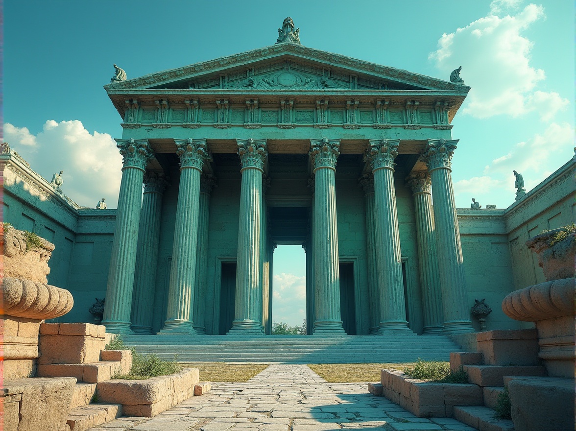 Prompt: Monument design, malachite color, greenish-blue tone, ancient Greek architecture, ornate details, intricate carvings, majestic columns, grandeur structure, stone material, rough texture, natural light, sunny day, dramatic shadows, heroic composition, cinematic atmosphere, warm ambient lighting, low-angle shot, monumental scale.