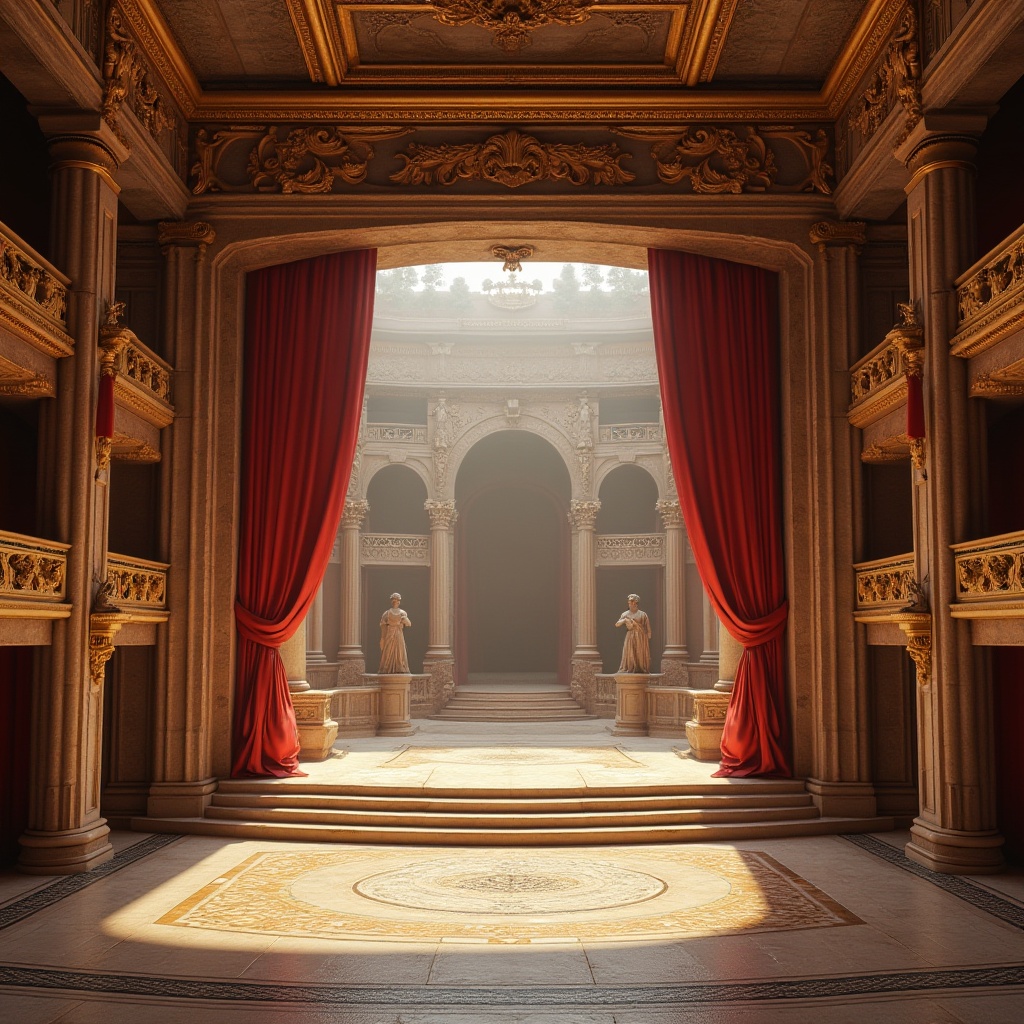 Prompt: Byzantine theater, ornate architecture, grand stage, intricate stone carvings, sandstone walls, golden accents, mosaic floor, luxurious red curtains, spotlights shining down, ancient Greek-inspired columns, marble statues, lavish furnishings, warm ambient lighting, dramatic shadows, 3/4 composition, soft focus background, warm color palette.