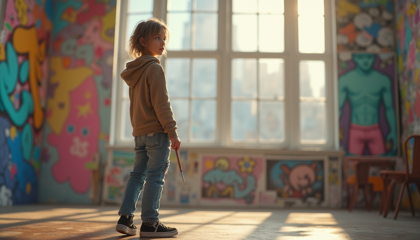 Prompt: Inspirational art museum interior, natural light pouring in through large windows, colorful artwork displays, creative teenage girl, 17yo, casual outfit, ripped jeans, black sneakers, messy bob hair, bright blue eyes, holding a paintbrush, standing in front of a vibrant graffiti mural, urban background, cityscape view from the window, warm afternoon lighting, soft focus effect, shallow depth of field, pastel color palette, emotive facial expression, thoughtful posture.