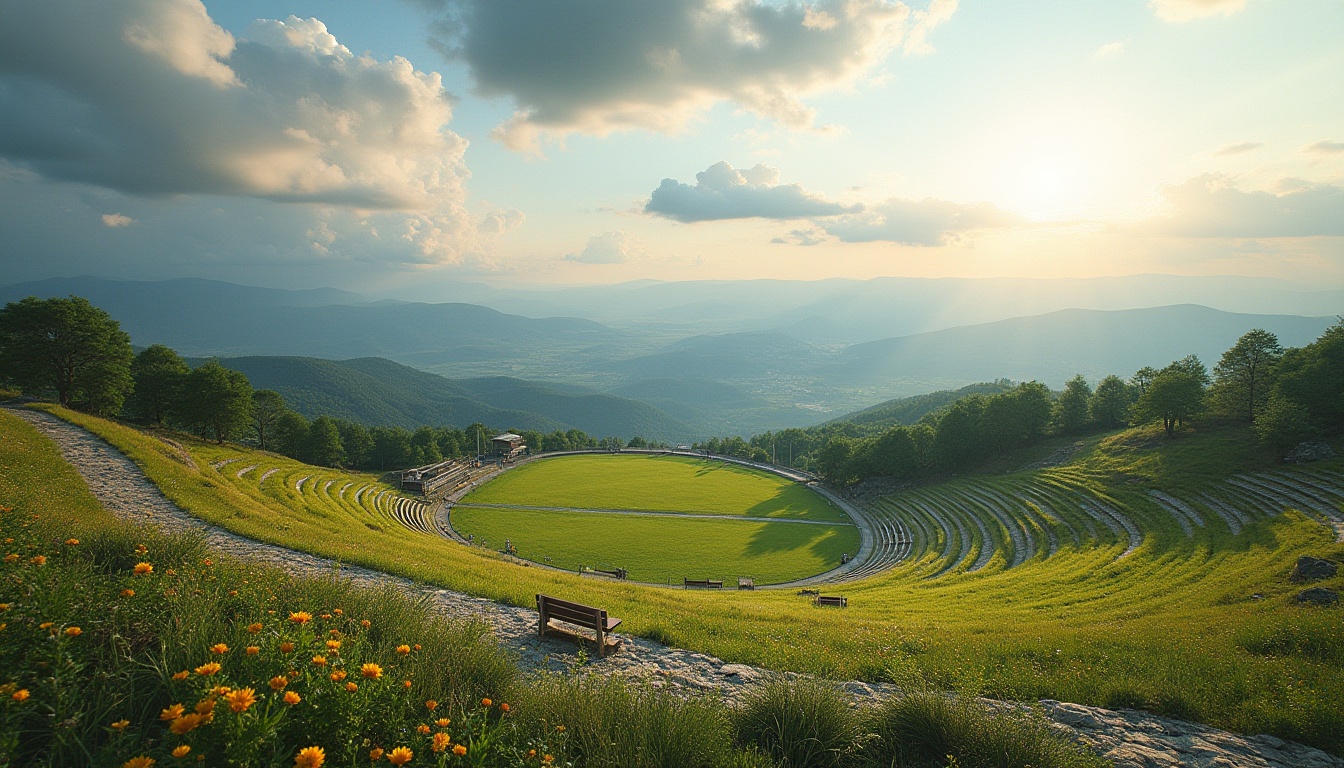 Prompt: Plateau, grandstand, enhanced spectator experience, panoramic view, gentle slope, lush green grass, vibrant wildflowers, natural stone steps, wooden benches, rustic railings, scenic overlooks, distant mountain ranges, serene atmosphere, warm sunlight, soft clouds, dramatic skies, 3/4 composition, shallow depth of field, cinematic lighting, high-angle shot.