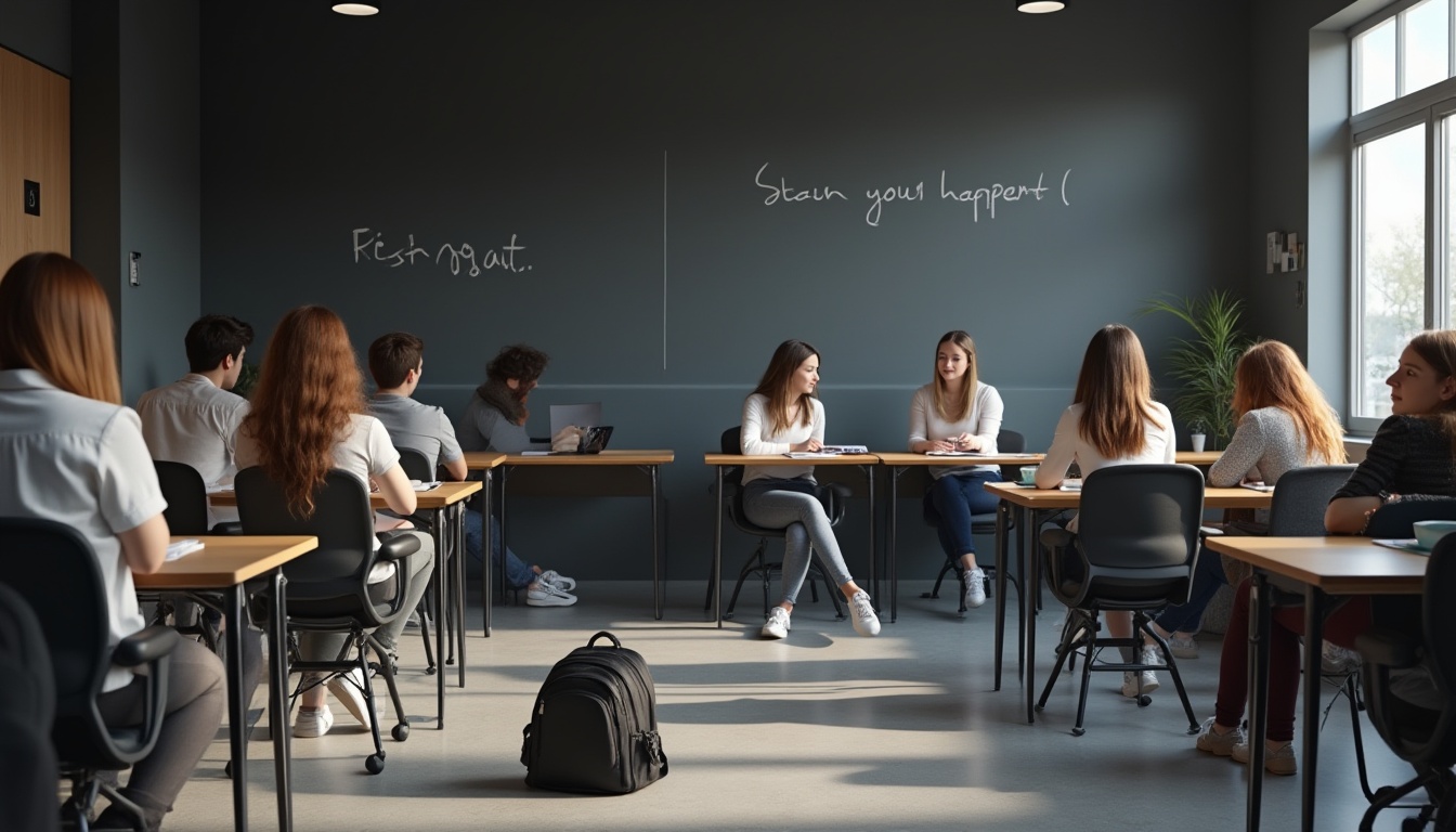 Prompt: Dark gray educational space, modern minimalist interior design, young adult students, 20-25 years old, casual wear, jeans and white shirts, backpacks on floor, dark gray walls, wooden tables with metal legs, ergonomic chairs, minimal decorations, inspirational quotes on walls, softbox lighting, panoramic view of the entire room, shallow depth of field, warm and cozy atmosphere.