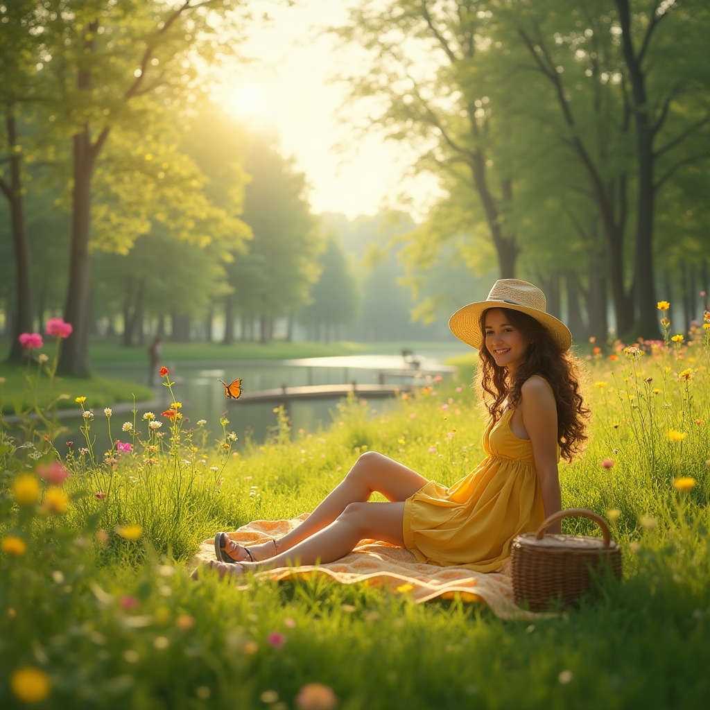 Prompt: Vibrant meadow, sunny afternoon, warm soft lighting, gentle breeze, lush green grass, colorful wildflowers blooming, tall trees with branches stretching upwards, a serene lake in the distance, a few butterflies fluttering around, a small wooden bridge over a narrow stream, a blanket laid out on the grass, a picnic basket nearby, a girl sitting comfortably, relaxed posture, flowing curly hair, bright smile, wearing a flowy yellow sundress, sandals, and a straw hat, peaceful atmosphere, shallow depth of field, warm color palette, cinematic composition.