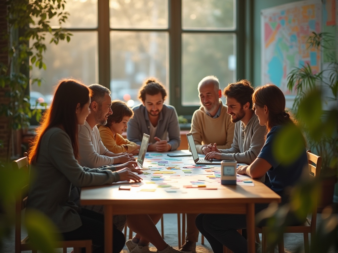 Prompt: Community center, urban planning, diverse group, people of different ages, races, and abilities, gathered around a large table, collaborative discussion, laptops, diagrams, colorful post-it notes, wooden chairs, natural light, green plants, city map on the wall, morning atmosphere, warm lighting, 3/4 composition, shallow depth of field, vibrant colors, realistic texture, soft focus, community engagement, inclusive design, sustainable development.