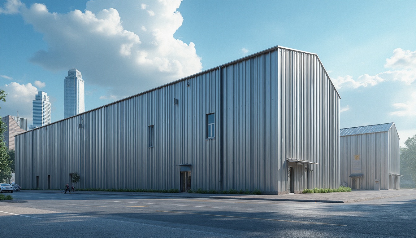 Prompt: Modern industrial building, corrugated iron wall, silver metallic color, rusty texture, vertical ridges, urban landscape, cityscape, skyscraper background, blue sky with white clouds, sunny day, low-angle shot, dramatic lighting, deep depth of field, realistic rendering, high contrast, detailed architecture.