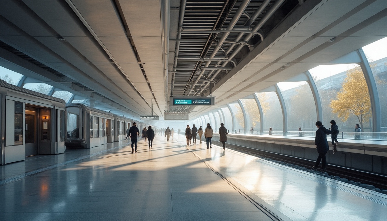 Prompt: Modern tram station, futuristic architecture, sleek lines, minimalist design, Lavacrete material, silver-gray tone, metallic sheen, reflective surface, high ceiling, spacious interior, bright ambient light, soft shadows, angular columns, geometric patterns, clean minimalist benches, digital information boards, pedestrian flow, urban landscape, cityscape, busy street scene, morning rush hour, warm natural light, 3/4 composition, low-angle shot.