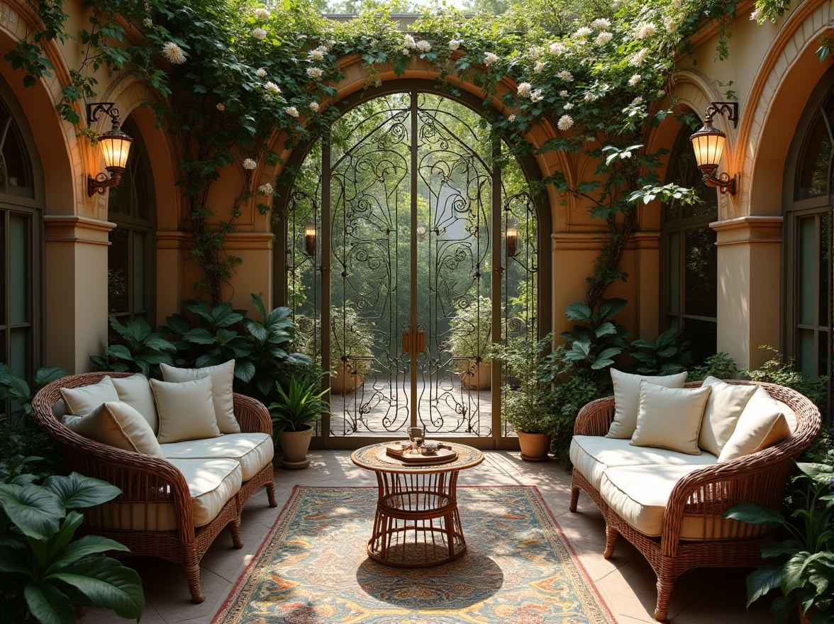 Prompt: Art Nouveau outdoor space, ornate iron gate, curvaceous vines, blooming flowers, wicker furniture, soft cushions, luxurious textiles, intricate mosaics, stained glass lamps, organic shapes, natural materials, lush greenery, serene ambiance, warm afternoon sunlight, dappled shadows, 3/4 composition, shallow depth of field, cinematic lighting.