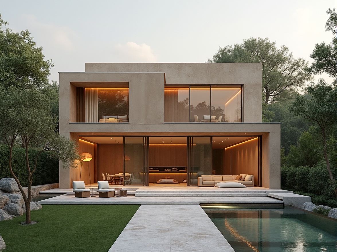 Prompt: Villa modernism, khaki color, exterior wall, modern architecture, luxurious, elegant, clean lines, minimal ornamentation, rectangular shape, large windows, sliding glass doors, open space, greenery surroundings, lush trees, natural lighting, warm atmosphere, 3/4 composition, soft focus, high-end materials, marble floor, wooden accents.