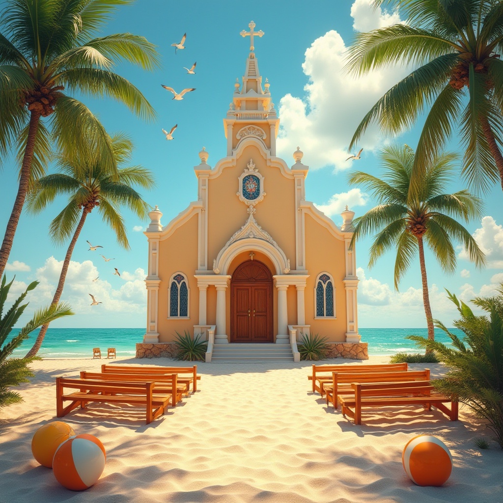 Prompt: Beach church, Apricot color, warm tone, soft light, gentle waves, sandy shore, seagulls flying overhead, clear blue sky, white puffy clouds, elegant architecture, grand entrance, stained glass windows, ornate door handles, intricately carved wooden benches, peaceful atmosphere, serene ambiance, tropical plants, palm trees swaying gently, beach balls scattered around, warm sunlight casting long shadows, low-angle shot, symmetrical composition, soft focus, warm color palette.