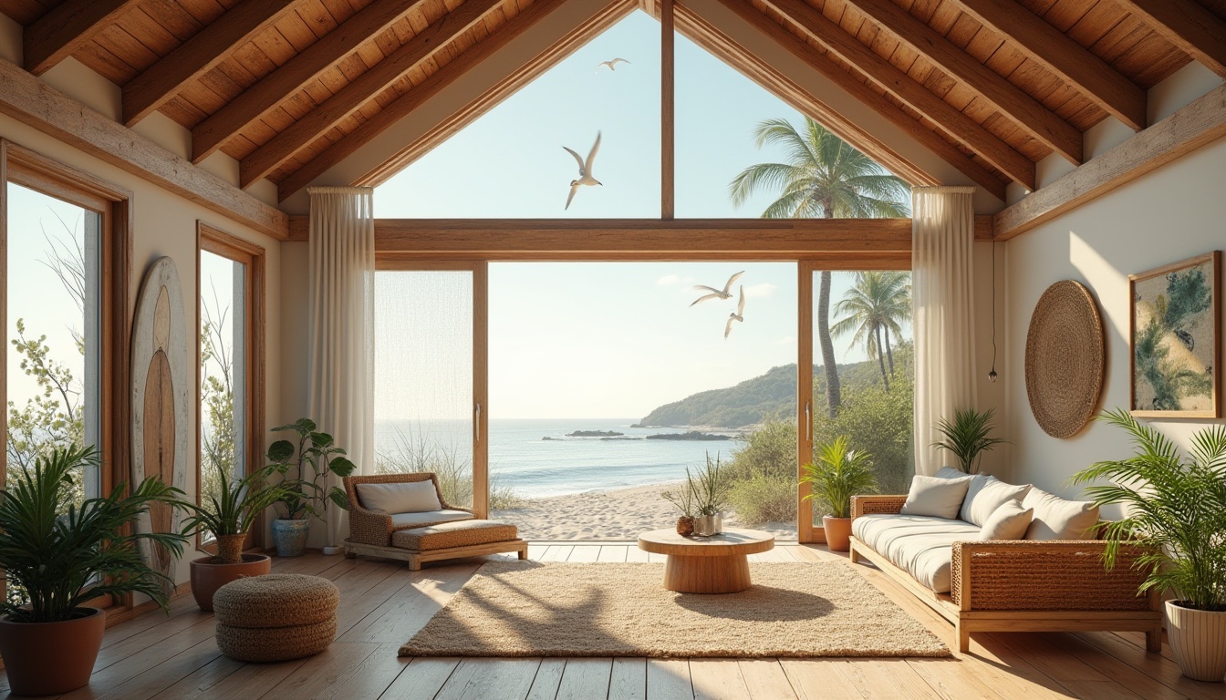 Prompt: Beach loft, vernacular architecture, seaside, wooden structure, natural materials, large windows, skylight, high ceiling, open plan living area, minimalist decoration, rustic furniture, woven rattan chair, jute rug, potted tropical plants, driftwood decor, nautical elements, rope accents, surfboard display, beachy color palette, sunny day, soft warm lighting, ocean view, palm trees, sandy dunes, seagulls flying overhead, panoramic view, 3/4 composition, cinematic ambiance.