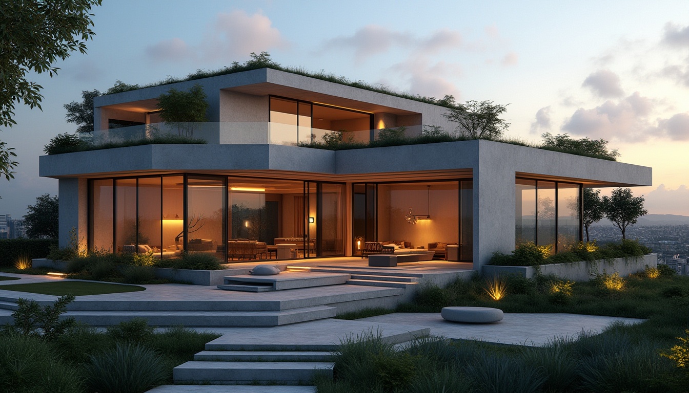 Prompt: Modern residential building, luxurious villa, large windows, concrete exterior walls, minimalist architecture, flat roof, greenery rooftop garden, outdoor lounge area, cityscape background, evening ambiance, warm lighting, 3/4 composition, shallow depth of field, industrial material, rough texture, modern structure.