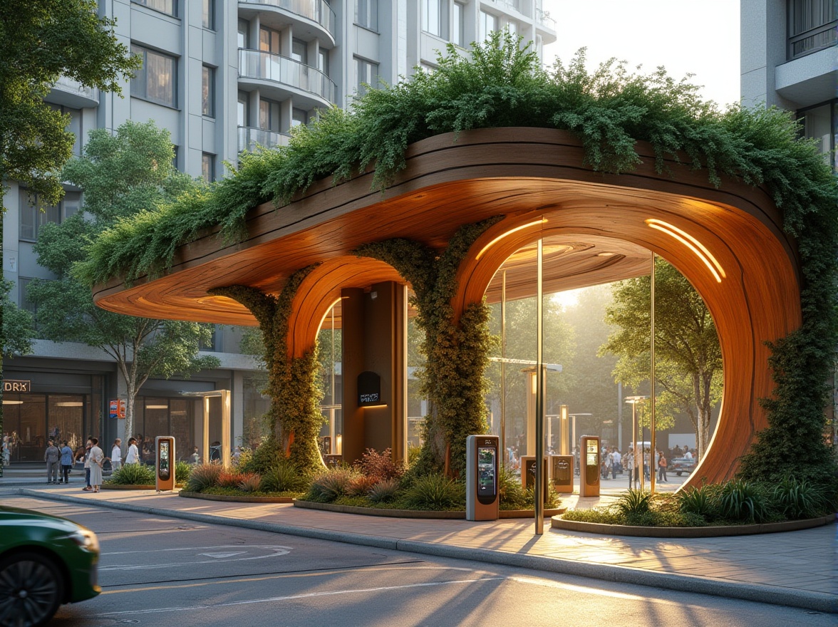 Prompt: Modern urban charging station, organic architecture, green roofs, curved lines, natural materials, wooden accents, living walls, lush greenery, vines crawling up pillars, futuristic sleek charging stations, LED lighting, transparent glass façade, angular metal frames, urban cityscape, busy street scene, morning sunlight, warm ambient light, shallow depth of field, 3/4 composition, symmetrical framing.