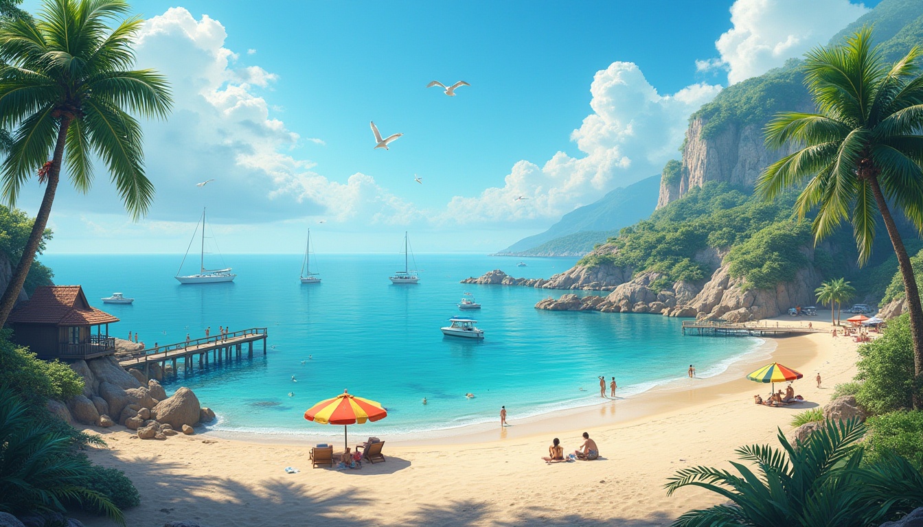 Prompt: Coastal scenery, warm sunny day, clear blue sky, few white puffy clouds, gentle sea breeze, sandy beach, rocky shoreline, palm trees swaying gently, beach huts with thatched roofs, wooden docks, sailboats and yachts floating on the calm turquoise water, seagulls flying overhead, a group of people relaxing under colorful umbrellas, playing beach volleyball, building sandcastles, collecting seashells, scenic coastal pathway winding its way up to the top of the cliff, overlooking the vast ocean, dramatic rocky cliffs, lush green vegetation, misty atmosphere, soft warm lighting, cinematic composition, panoramic view.