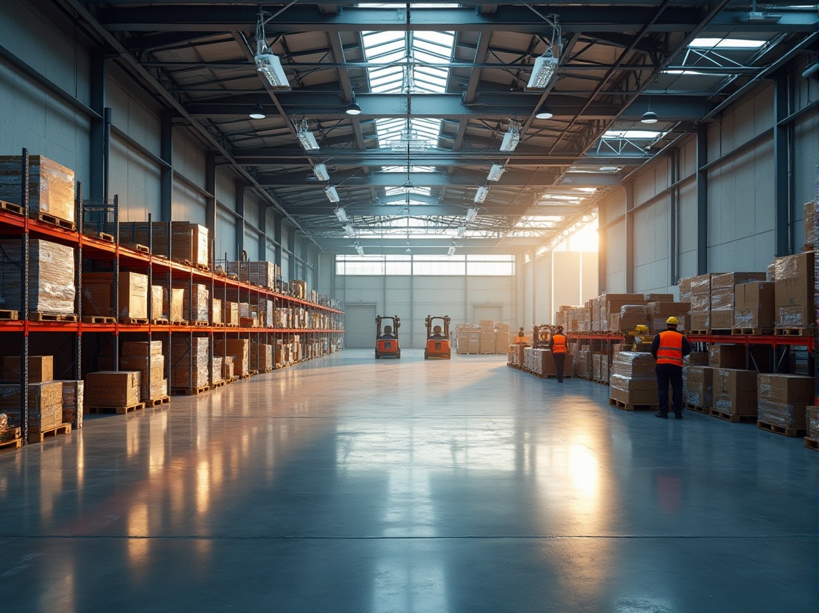 Prompt: Modern distribution center, industrial setting, masonry materials, concrete walls, steel beams, exposed ductwork, LED lighting, polished concrete floor, rows of shelving units, pallets stacked high, forklifts moving in background, reflective safety vests, hard hats, busy workers, natural light pouring through skylights, dramatic shadows, 3/4 composition, warm and soft ambient lighting.