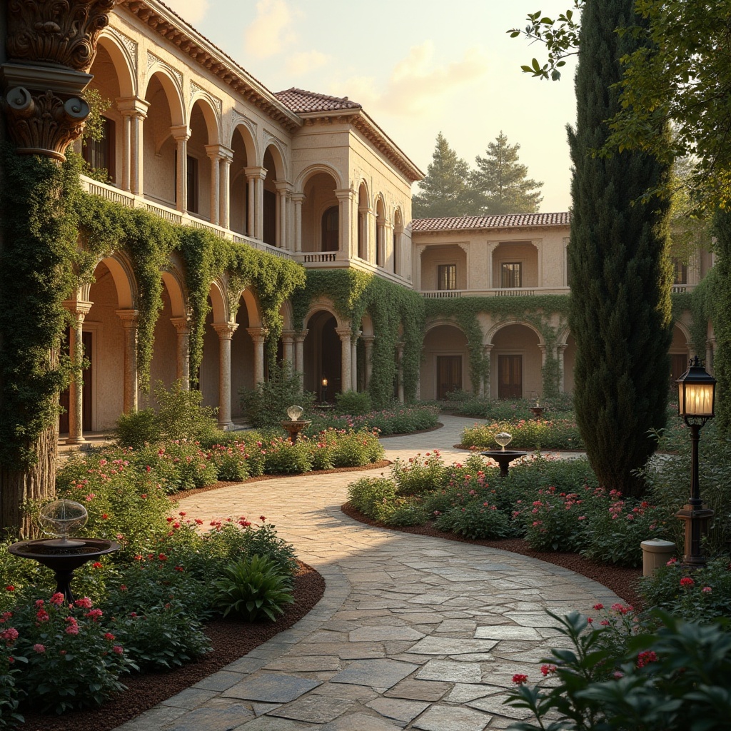 Prompt: Byzantine-style dormitory building, residential area, landscaping ideas, lush greenery, intricately designed courtyard, stone-paved pathways, ornate fountains, vibrant flowerbeds, majestic trees, lantern-style streetlights, warm sunset lighting, serene atmosphere, tranquil ambiance, arches, columns, detailed stonework, Mediterranean-inspired architecture, curved lines, symmetrical composition, shallow depth of field, soft focus, warm color palette.