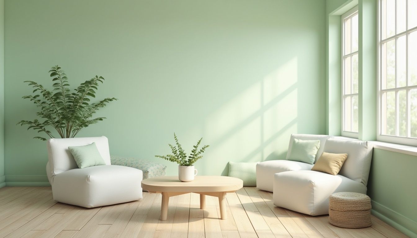 Prompt: Pastel light green walls, minimalist interior, Scandinavian style furniture, wooden floor, simple geometric patterns, modern coffee table, a vase with fresh eucalyptus leaves, natural daylight, large windows, airy atmosphere, cozy reading nook, soft cushions, minimal decor, warm ambient lighting, 3/4 composition, shallow depth of field.