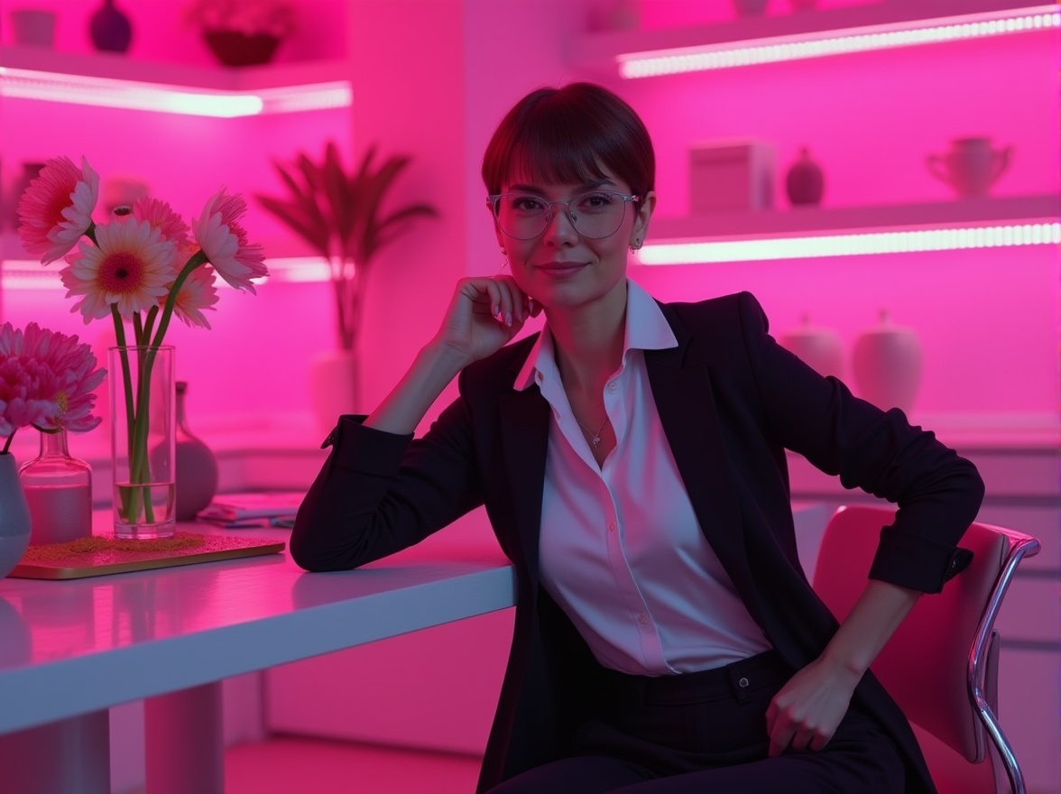 Prompt: Vibrant fuchsia color scheme, futuristic laboratory setting, modern minimalist desk, sleek metal chair, creative director, 30s, stylish short hair, bold eyebrows, trendy glasses, crisp white shirt, fitted black blazer, statement jewelry, confident pose, leaning on desk, vibrant flowers, neon lights, abstract shapes, geometric patterns, metallic texture, softbox lighting, shallow depth of field, futuristic ambiance, high-key composition.