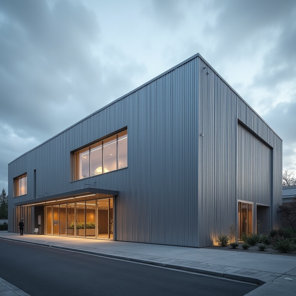 Prompt: Modern school design, corrugated metal, exterior wall cladding, silver grey color, vertical installation, industrial style, urban architecture, cityscape background, cloudy sky, dramatic lighting, low-angle shot, cinematic composition, high dynamic range, realistic rendering.