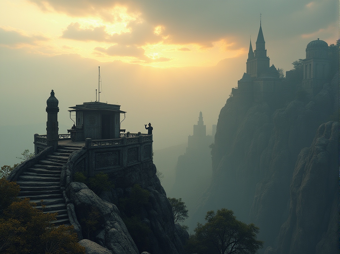 Prompt: Watching towers, plateau landscape, misty morning, mysterious atmosphere, rugged stone walls, ancient architecture, intricate carvings, grandeur scales, majestic spires, solitary figure, binoculars, observation deck, worn wooden rails, rustic metal door, stone staircases, windswept trees, sparse vegetation, layered rocky formations, dramatic cloudy sky, warm golden light, cinematic composition, 3/4 view.