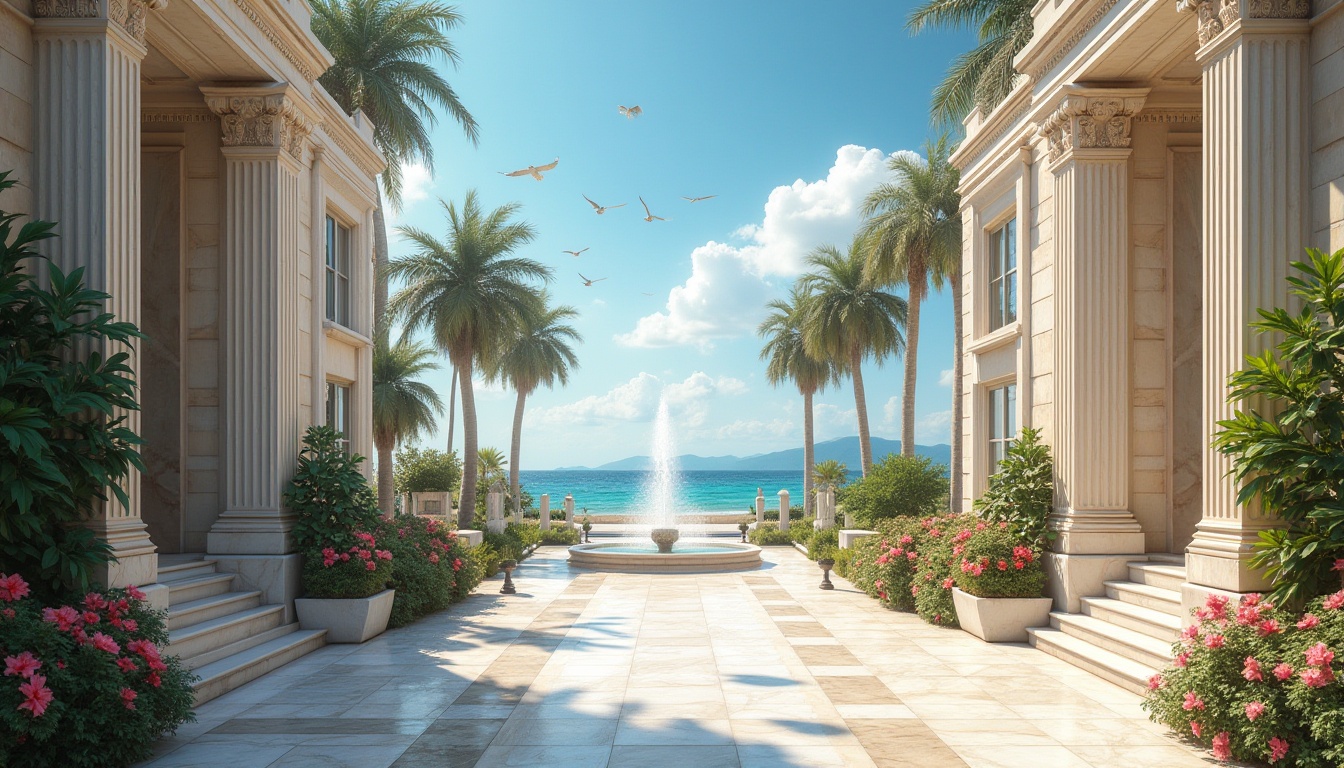 Prompt: Marble, coastal campus, university building, Greek columns, grand entrance, stairs, courtyard, fountain, statue, lush greenery, palm trees, bougainvillea, hibiscus, beach view, ocean breeze, sunny day, clear blue sky, few seagulls flying overhead, ornate details, high-quality texture, natural lighting, soft focus, shallow depth of field, 3/4 composition, warm and inviting atmosphere.