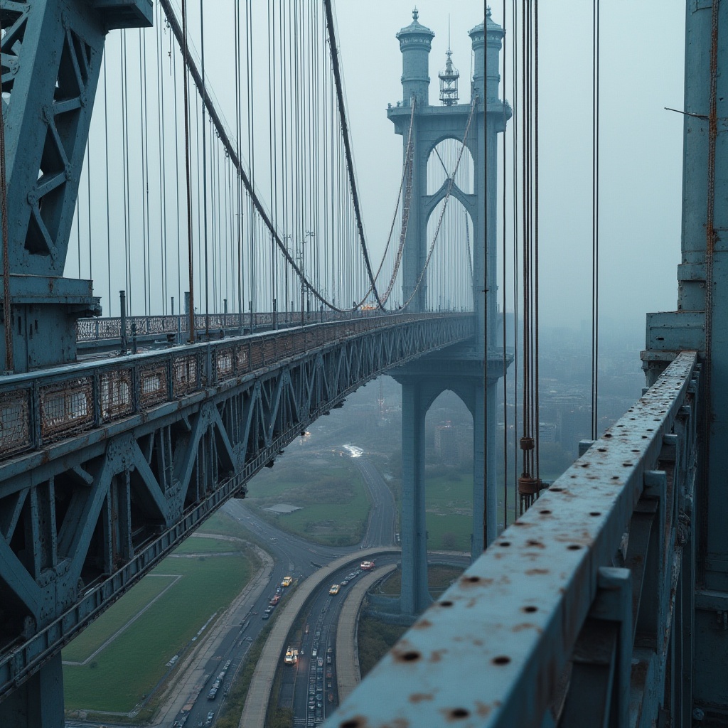 Prompt: Steel bridge, modern architecture, strong metallic structure, silver-gray color, complex geometric shape, intricate details, rivets, suspension cables, majestic pillars, urban cityscape, misty atmosphere, low-angle shot, dramatic lighting, sharp shadows, detailed texture, industrial material, metallic sheen, rust-resistant coating, robust framework, dynamic composition, bird's-eye view.