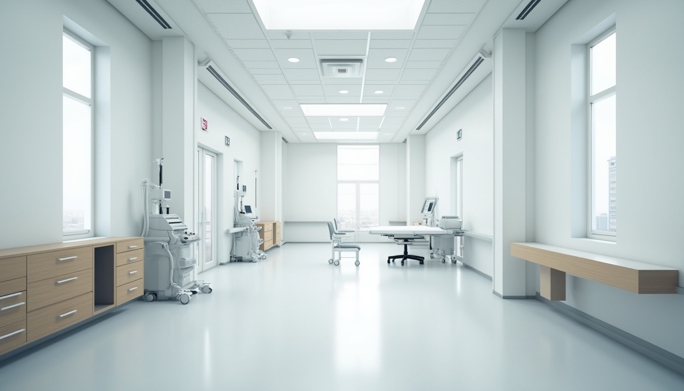 Prompt: Modern hospital interior, minimalist style, clean white walls, large windows, abundant natural light, sparse decor, sleek metal equipment, stainless steel medical tools, simple wooden furniture, empty space, calm atmosphere, soft indirect lighting, subtle shadows, 3/4 composition, shallow depth of field, realistic rendering, high contrast, futuristic ambiance.