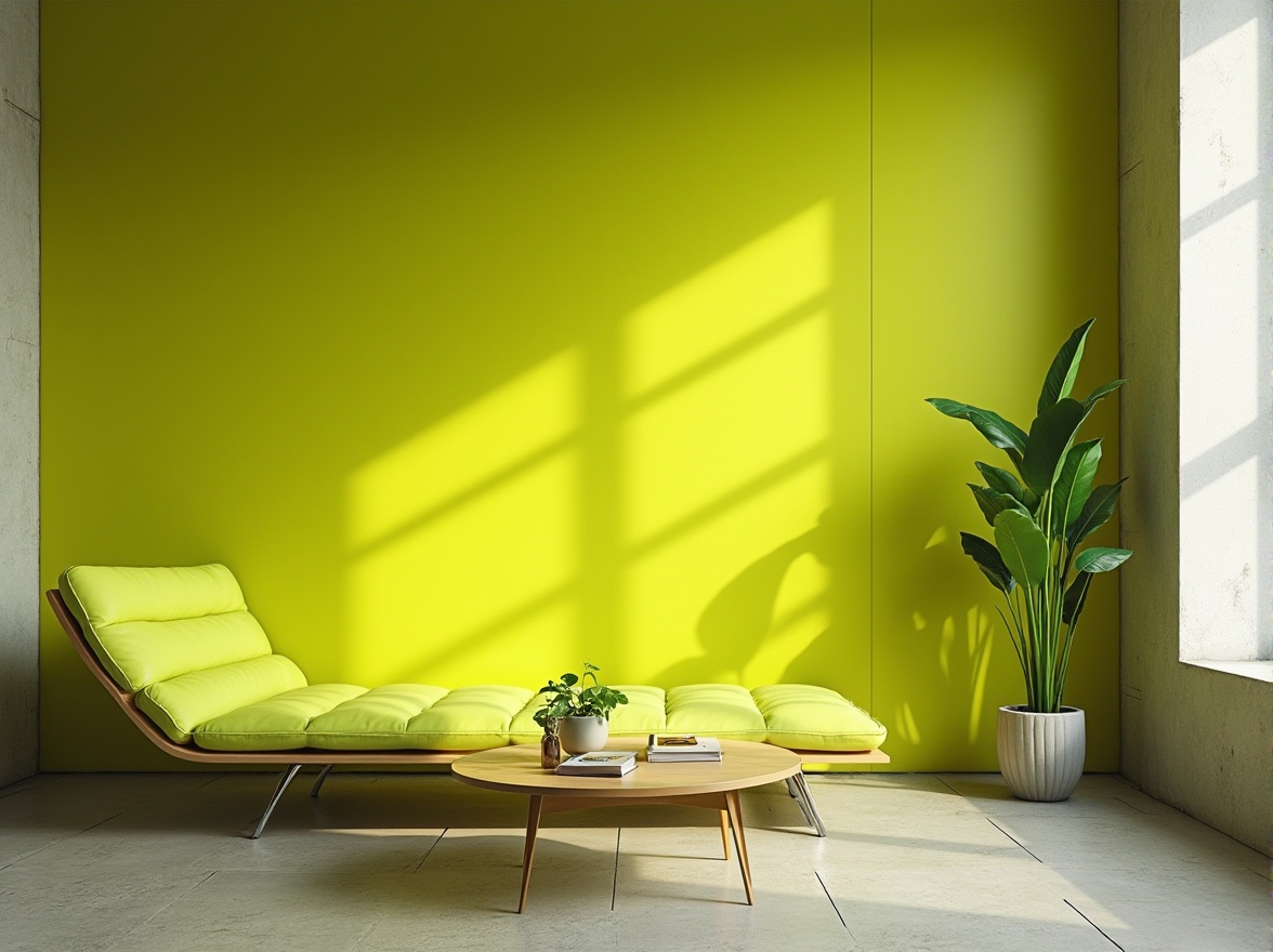 Prompt: Vibrant lime green accent wall, modern interior design, sleek lines, minimalist decor, bright citrus hues, bold color blocking, geometric patterns, abstract art pieces, glossy finish, metal legs, low-profile furniture, urban loft atmosphere, industrial chic, dramatic lighting, shallow depth of field, 3/4 composition, warm natural light.