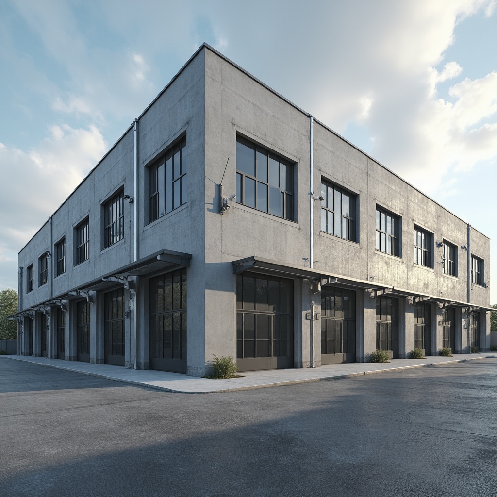 Prompt: Modern distribution center, industrial building, daytime, cloudy sky, concrete walls, steel beams, large windows, metal roofing, masonry materials, exposed brick, gray tone, urban background, 3/4 composition, natural light, soft shadows, realistic texture, detailed structure.