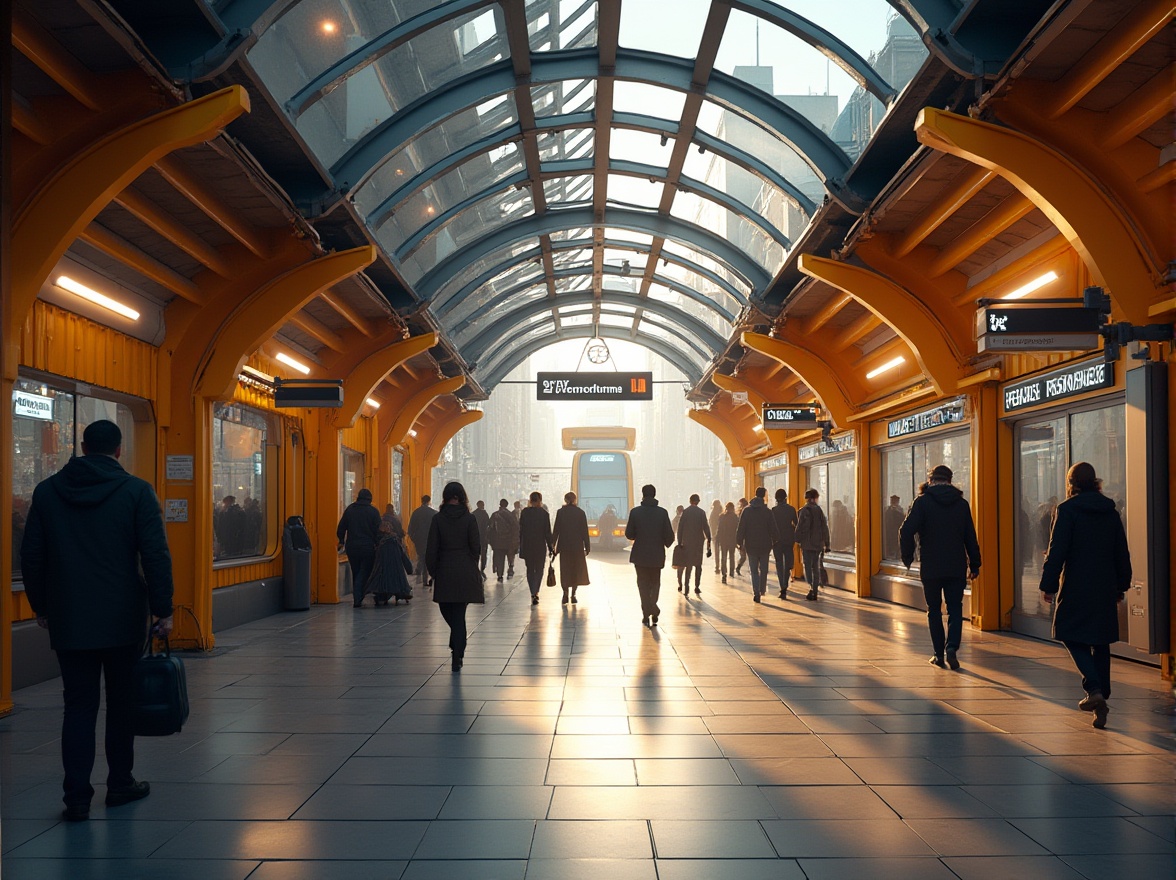 Prompt: Modern tram station, Ocher color scheme, sleek lines, minimalist architecture, steel beams, glass ceilings, industrial chic, urban feel, busy commuters, rush hour atmosphere, bright artificial lighting, dynamic angles, low-angle shot, dramatic shadows, bold typography, futuristic vibe, metallic textures, polished floors, cityscape background, morning light, soft focus, cinematic composition.