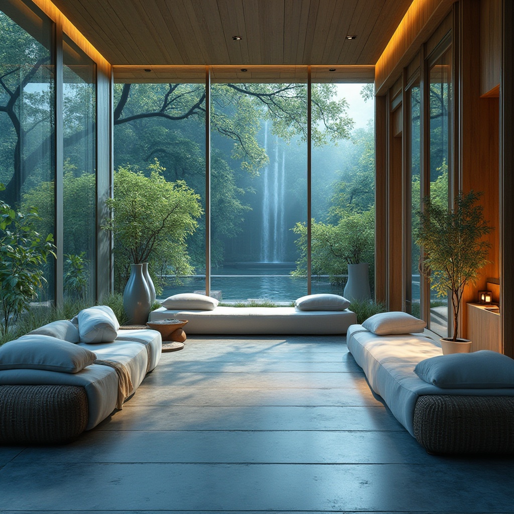 Prompt: Calming indigo color scheme, healing environment, serene ambiance, natural materials, wooden accents, woven bamboo, soft cushions, gentle curves, minimal decor, peaceful atmosphere, floor-to-ceiling windows, abundant natural light, lush greenery, overflowing flower vases, subtle aromatherapy, essential oils, calming music, gentle water features, small waterfall, soothing sounds, comfortable seating areas, cozy reading nooks, warm lighting, calming textures.