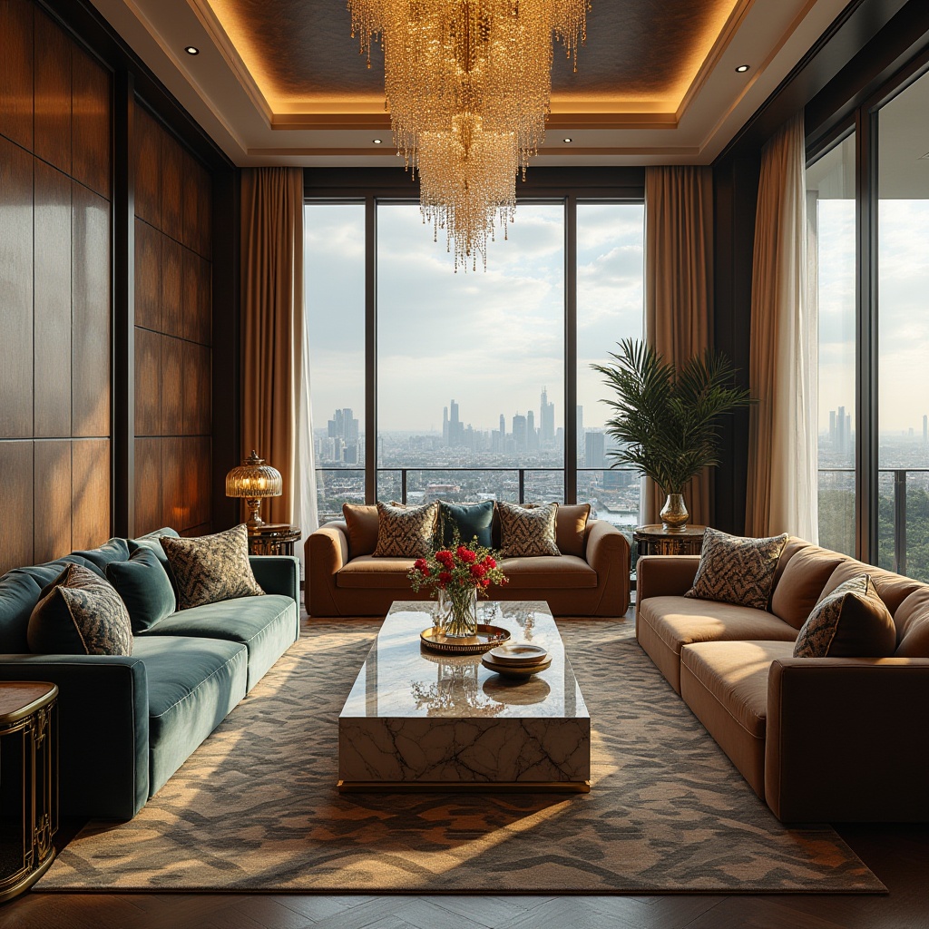 Prompt: Luxurious living room, Art Deco style, geometric patterns, metallic materials, bold colors, ornate decorations, velvet sofas, marble coffee tables, crystal chandeliers, floor-to-ceiling windows, cityscape views, high-rise building, luxurious curtains, golden accents, minimalist walls, ambient lighting, 3/4 composition, soft focus.