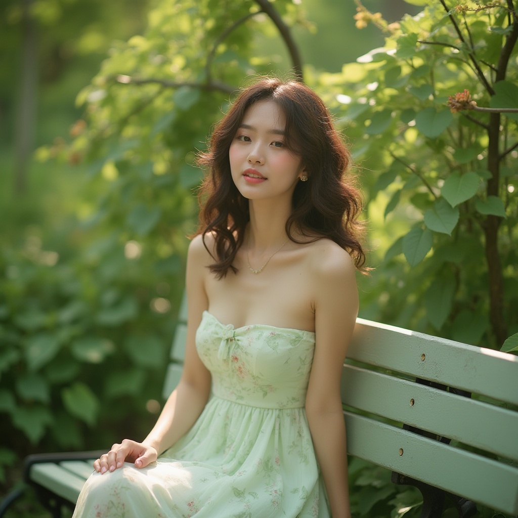 Prompt: light green, pastel tone, natural scenery, garden bench, lush foliage, vines crawling, floral patterns, elegant lady, 25yo, curly brown hair, minimal makeup, strapless dress, flowing chiffon, soft folds, gentle breeze, warm sunlight, dappled shade, peaceful atmosphere, shallow depth of field, cinematic composition, soft focus, bokeh effect.