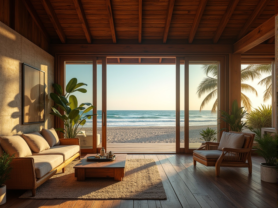 Prompt: Beach loft, vernacular architecture, wooden structure, distressed wood texture, rustic metal accents, large windows, sliding glass doors, ocean view, coastal landscape, sandy beach, palm trees, tropical plants, warm sunset lighting, soft breeze, natural materials, earthy color palette, open-plan living area, minimalist interior design, reclaimed wood flooring, woven wicker furniture, nautical decorative elements, panoramic view, 3/4 composition, soft focus, cinematic mood.