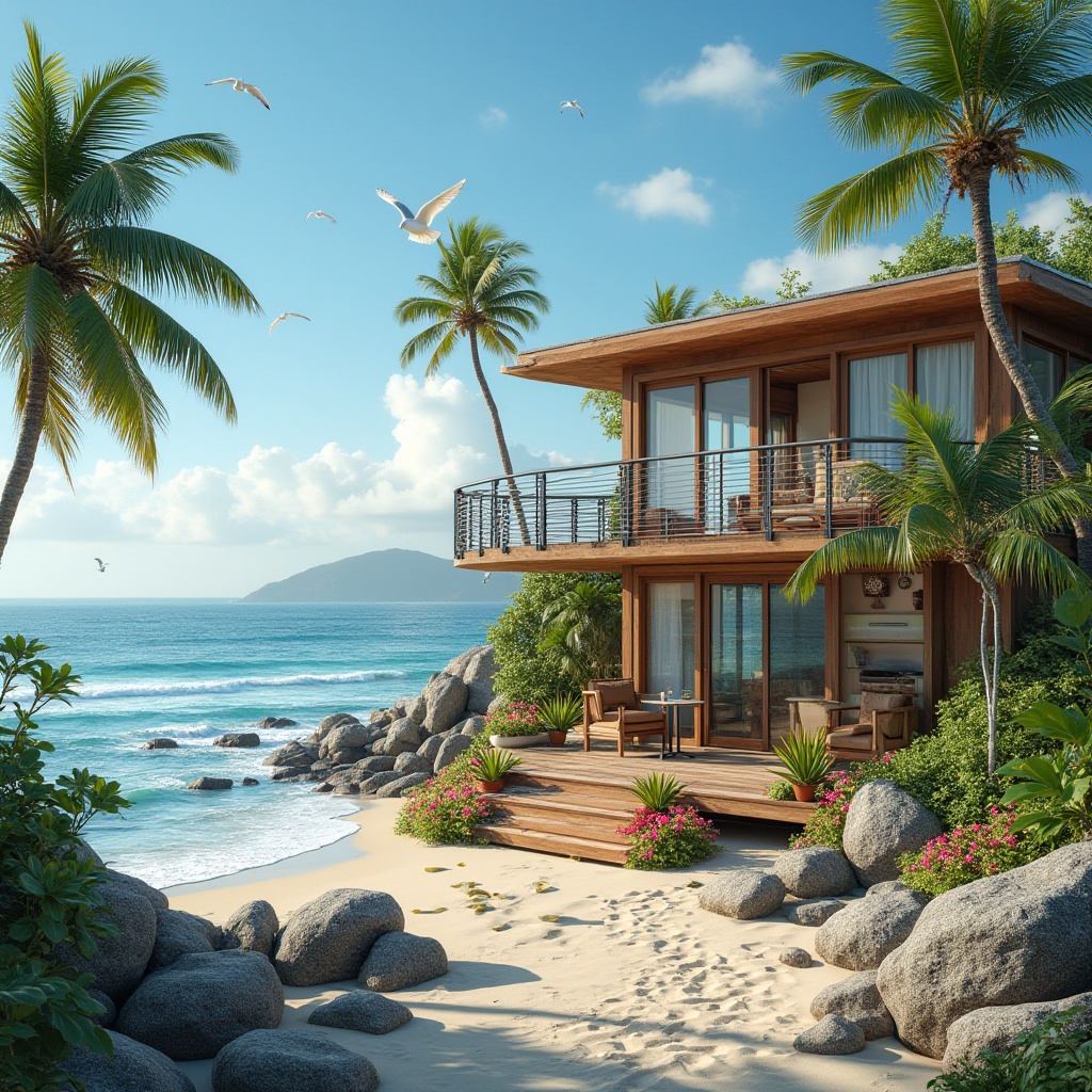 Prompt: Coastal villa, eclectic architecture, mixed materials, wooden decks, glass windows, metal railings, curved lines, modern art decorations, lush greenery, tropical plants, colorful flowers, palm trees, driftwood sculptures, seagulls flying overhead, sunny day, clear blue sky, fluffy white clouds, gentle sea breeze, waves crashing against the shore, sandy beach, rocky tide pools, ocean views, 3/4 composition, panoramic view, warm lighting, soft focus, vibrant colors.