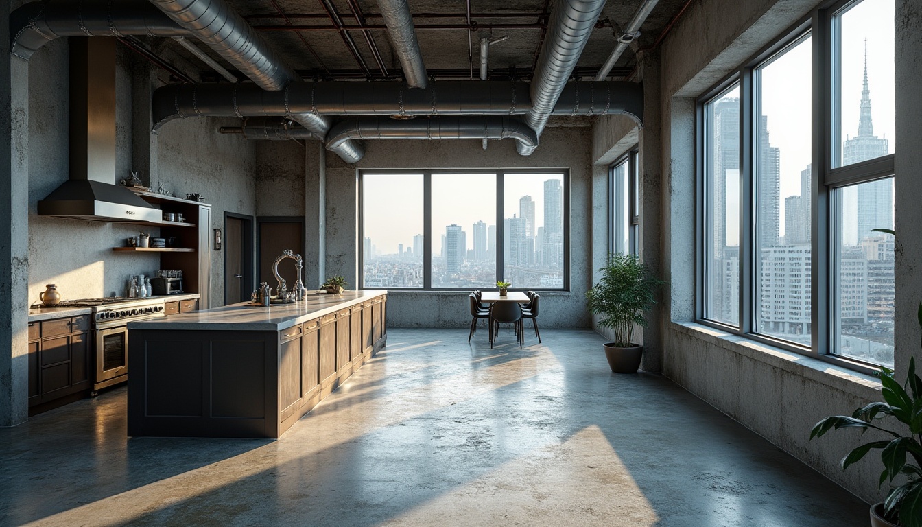 Prompt: Modern industrial interior, galvanized steel, metal beams, exposed pipes, concrete floor, minimalist decor, sleek lines, urban loft, cityscape, skyscraper, window reflections, natural light, softbox lighting, 3/4 composition, shallow depth of field, rusty texture, metallic sheen, urban decay, brutalist architecture, industrial chic, modern design elements, monochromatic color palette.