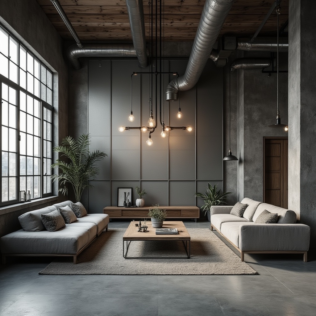 Prompt: Modern industrial interior design, galvanized steel, metal texture, matte finish, geometric shapes, minimalist furniture, urban loft, concrete floor, exposed ductwork, reclaimed wood accents, Edison bulb lighting, natural light pouring through large windows, 3/4 composition, low-angle shot, atmospheric perspective, high-contrast monochrome color palette.