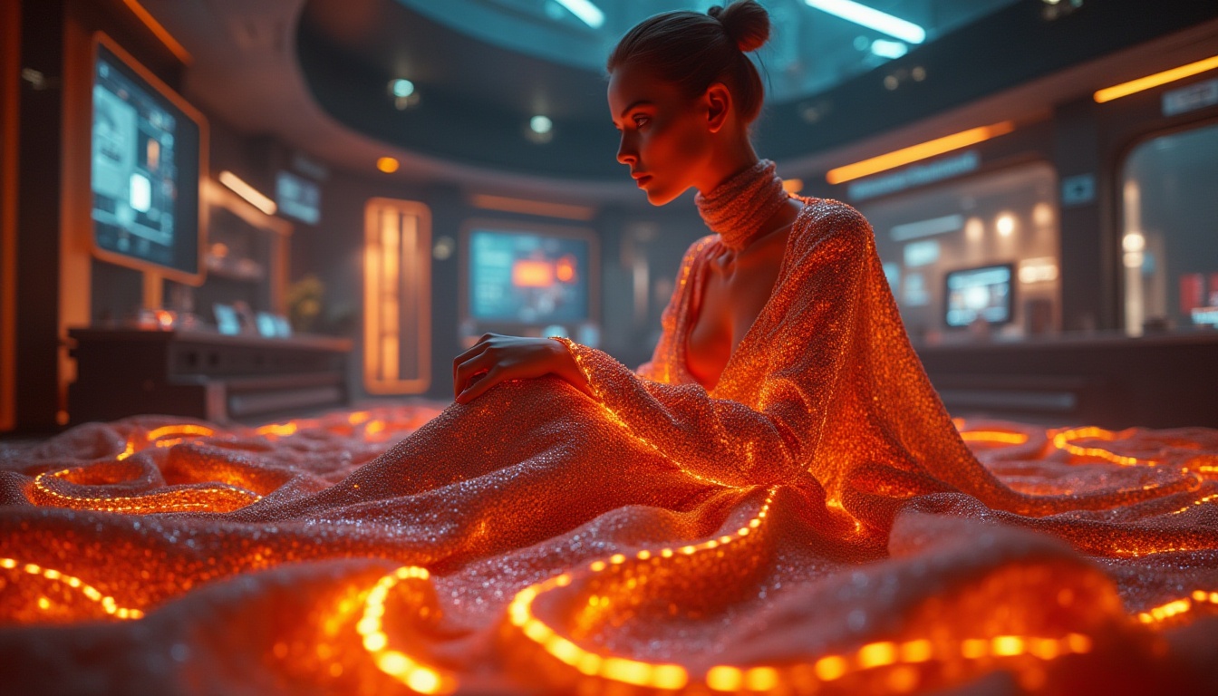 Prompt: High-tech futuristic fabric, orange neon lights woven, metallic sheen, intricate circuit patterns, iridescent glow, velvet texture, flowing folds, draped on a female mannequin, posing in a sleek, modern laboratory setting, surrounded by futuristic machinery, glowing screens, and holographic displays, warm orange lighting, shallow depth of field, cinematic composition.