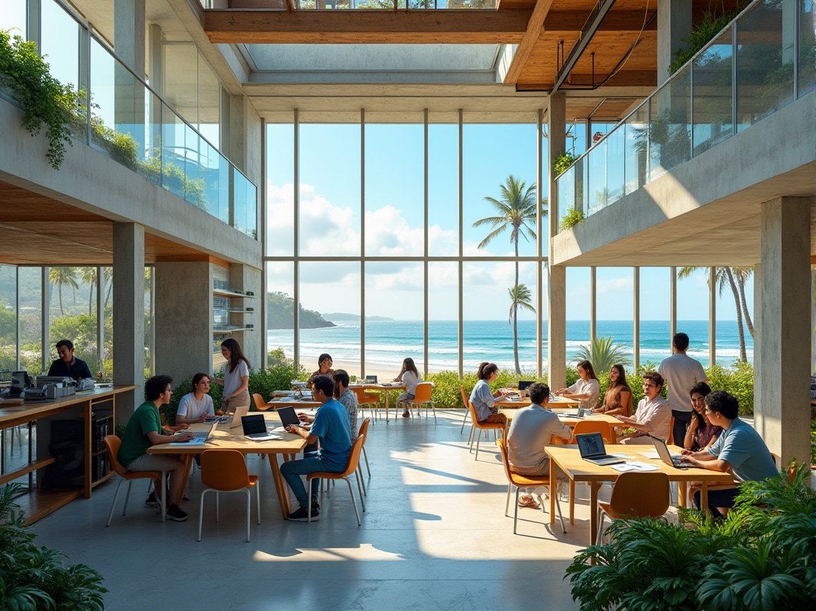 Prompt: Coastal campus, constructivism style, modern architecture, ocean views, large windows, natural light, open spaces, minimalist interior, concrete structure, wooden accents, steel beams, green roofs, solar panels, wind turbines, eco-friendly, sustainable design, lush vegetation, tropical plants, beach access, outdoor classrooms, collaborative learning spaces, flexible furniture, technology integration, innovative teaching methods, student-centered approach, relaxed atmosphere, casual attire, students with laptops, professors with tablets, group discussions, brainstorming sessions, ocean-inspired color scheme, calming ambiance, natural ventilation, abundant sunlight, panoramic views of the coastline.