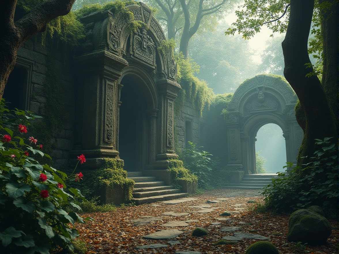 Prompt: Ancient forest, monument design, stone statue, intricate carvings, vines wrapped around columns, misty atmosphere, foggy morning, soft sunlight filtering through trees, fallen leaves scattered on ground, moss-covered stones, Celtic-inspired patterns, mystical ambiance, eerie silence, ruins of an ancient civilization, overgrown with plants, mysterious artifacts, abandoned temple, jungle-like surroundings, exotic flowers blooming, twisted tree branches, massive stone doors, crumbling arches, faded frescoes, atmospheric lighting, cinematic composition.